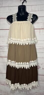 Miin Tiered Brown Boho Mini Dress Medium